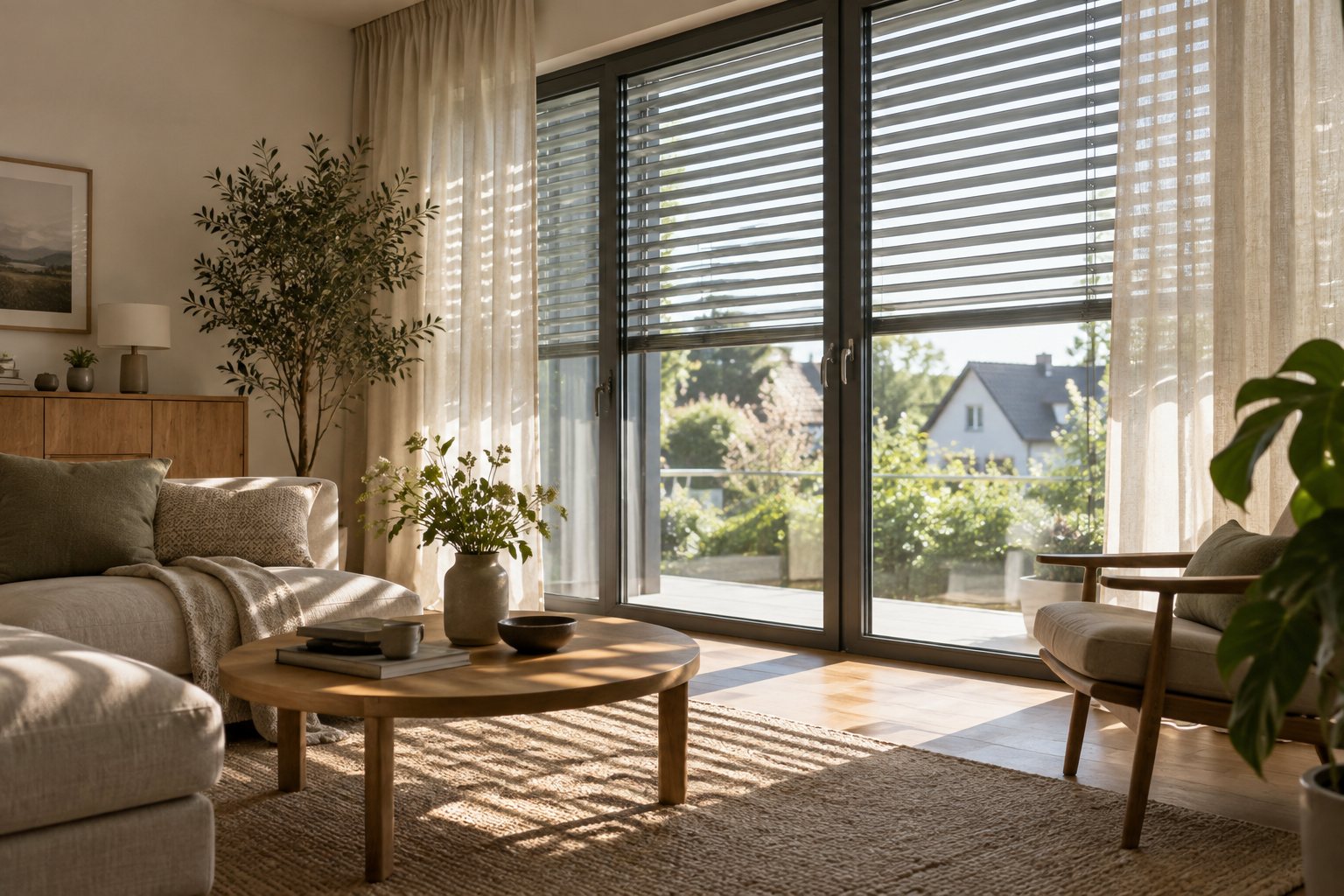 KI-Illustration: Wohnraum mit Sonnenschutz vor einer großen Fensterfläche.