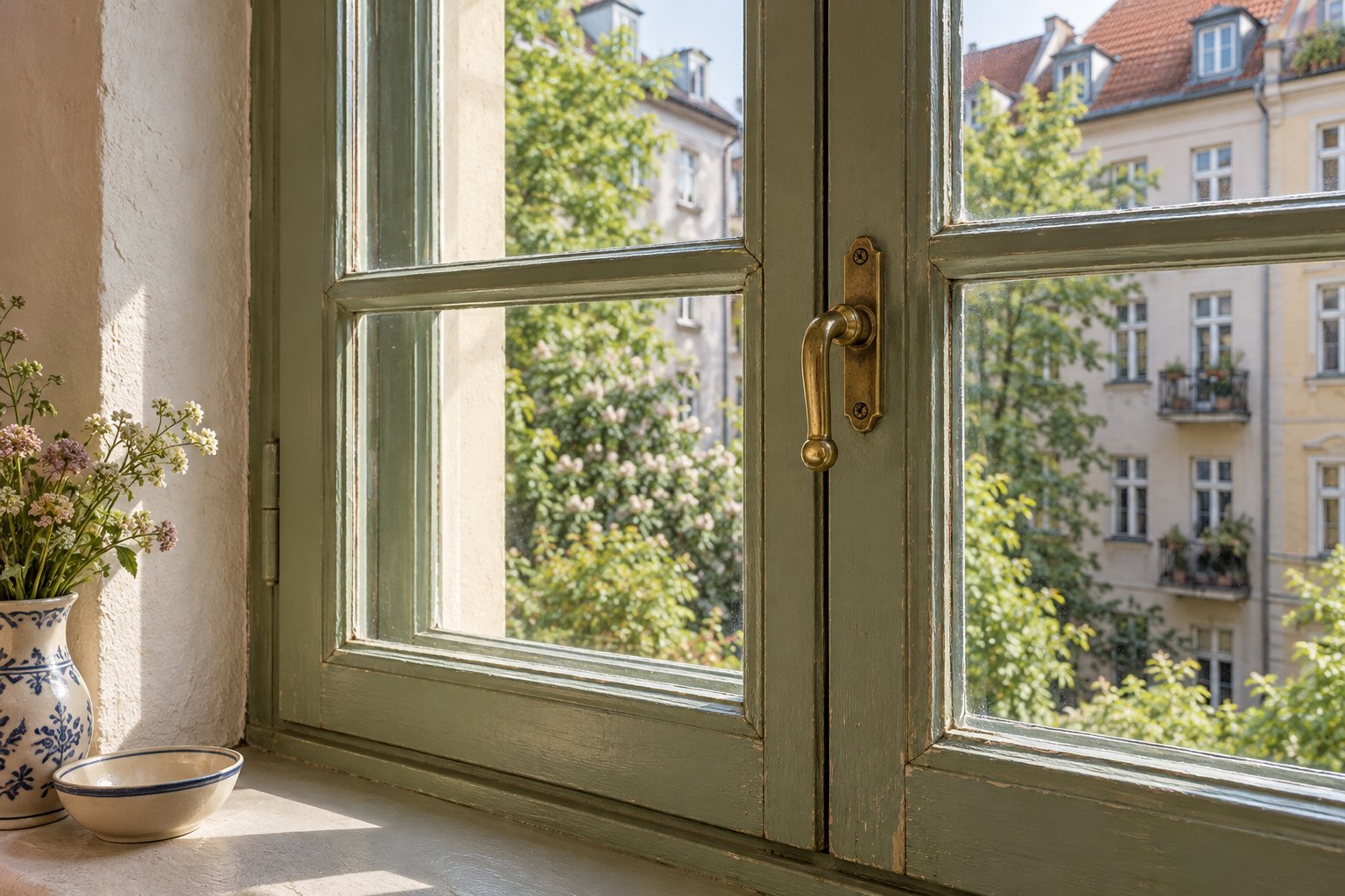 Detail eines gepflegten historischen Holzfensters mit Messinggriff und sichtbarer Holzstruktur.