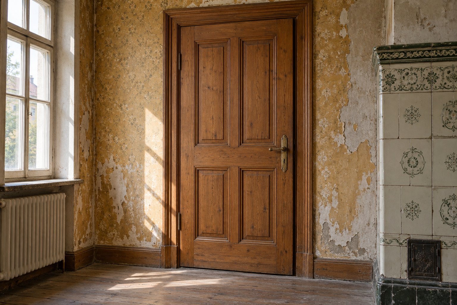 Erhaltenswerte alte Holztür in einem noch nicht renovierten Innenraum.