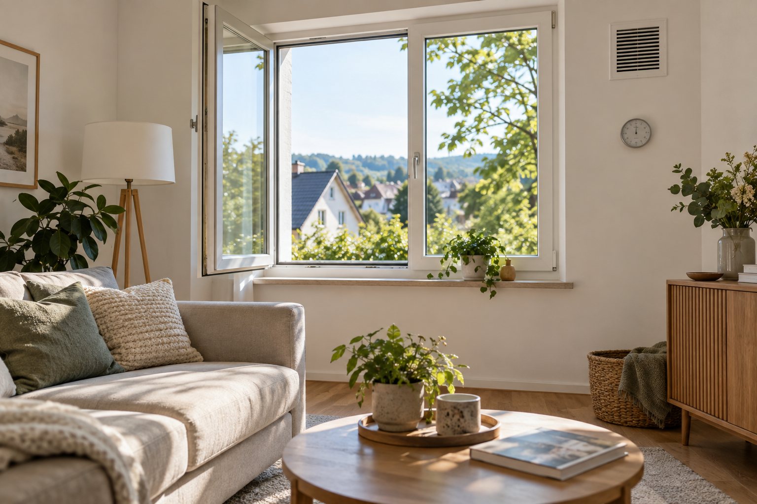 KI-Illustration: Heller Wohnraum mit geöffnetem Fenster.