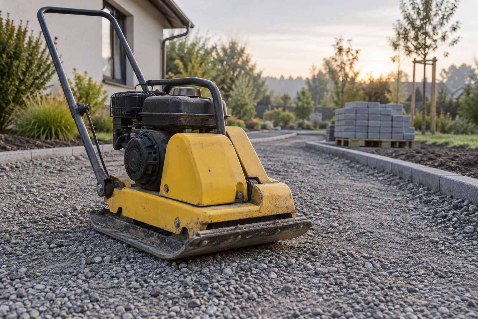 Gelbe Rüttelplatte auf einer vorbereiteten Kiesfläche neben einem Gartenweg.
