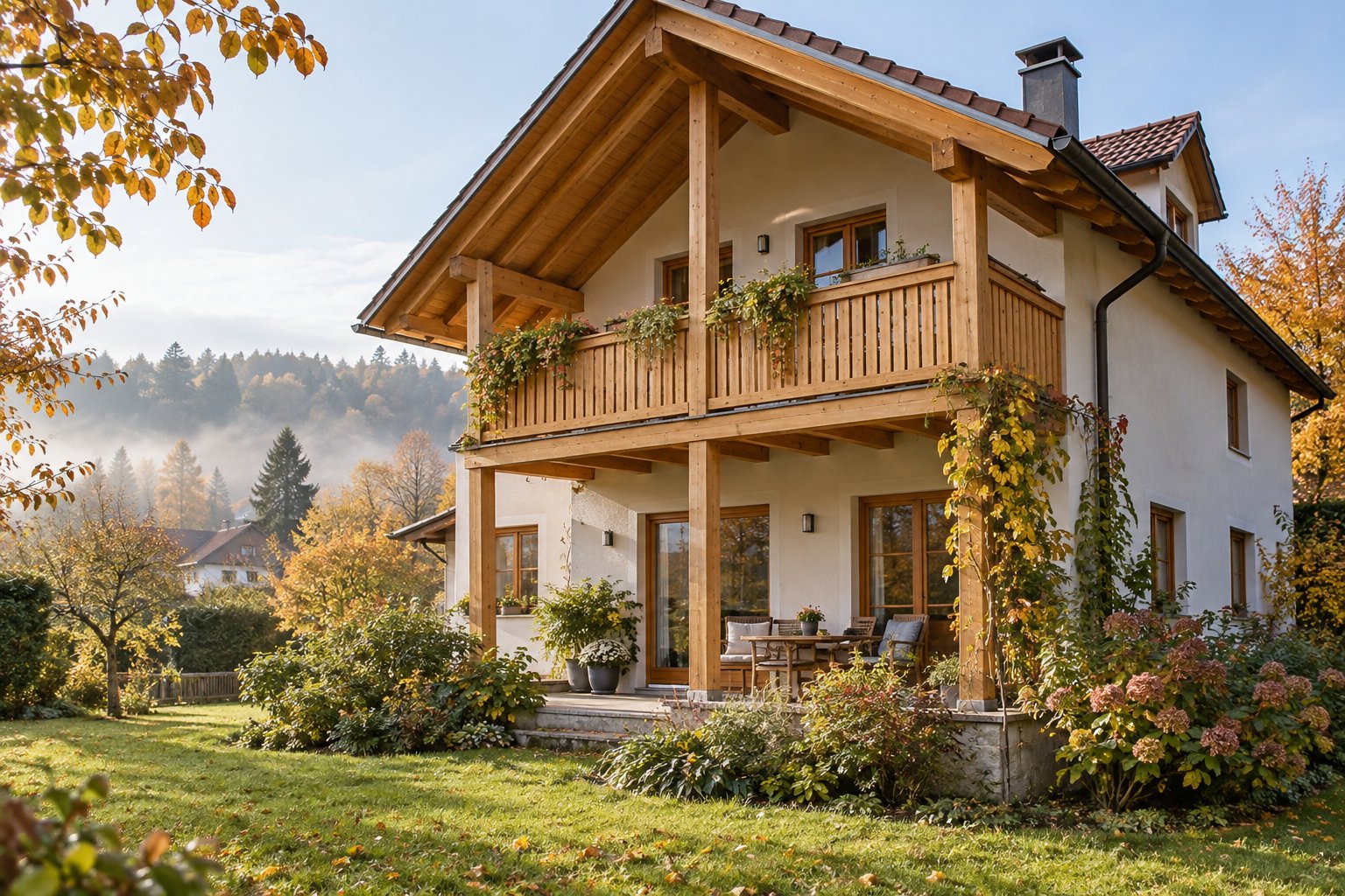 KI-Illustration: Holzbalkon unter einem Dachüberstand an einem hell verputzten Haus.