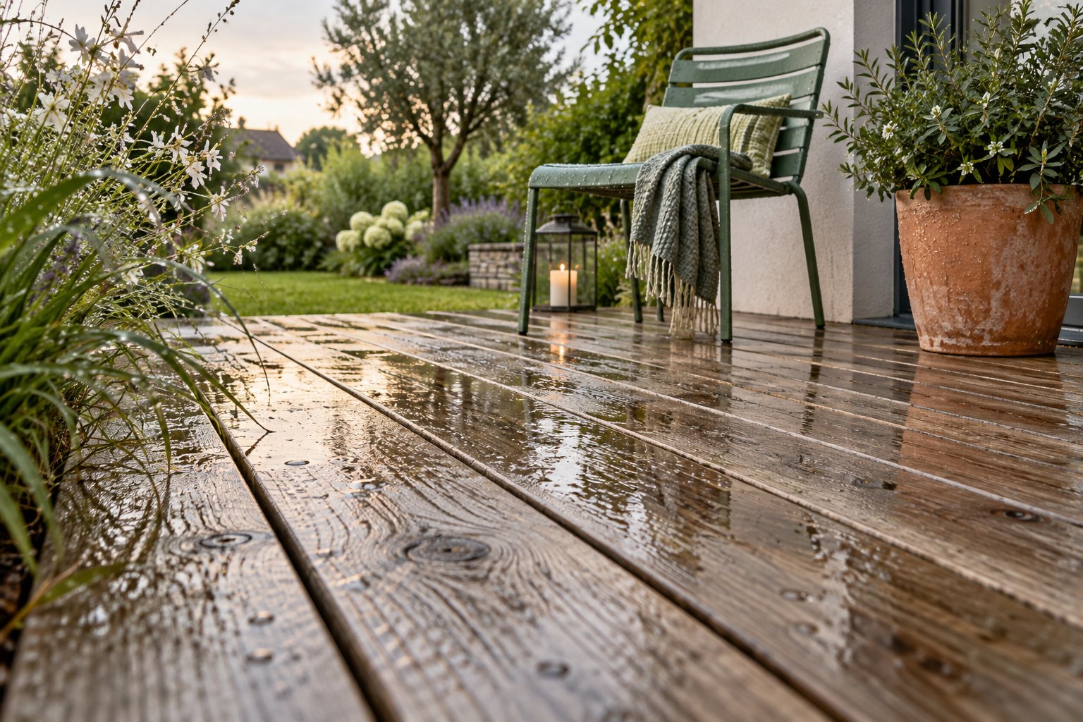 Witterungsspuren auf einer Holzterrasse mit Stuhl und bepflanztem Terrassentopf.
