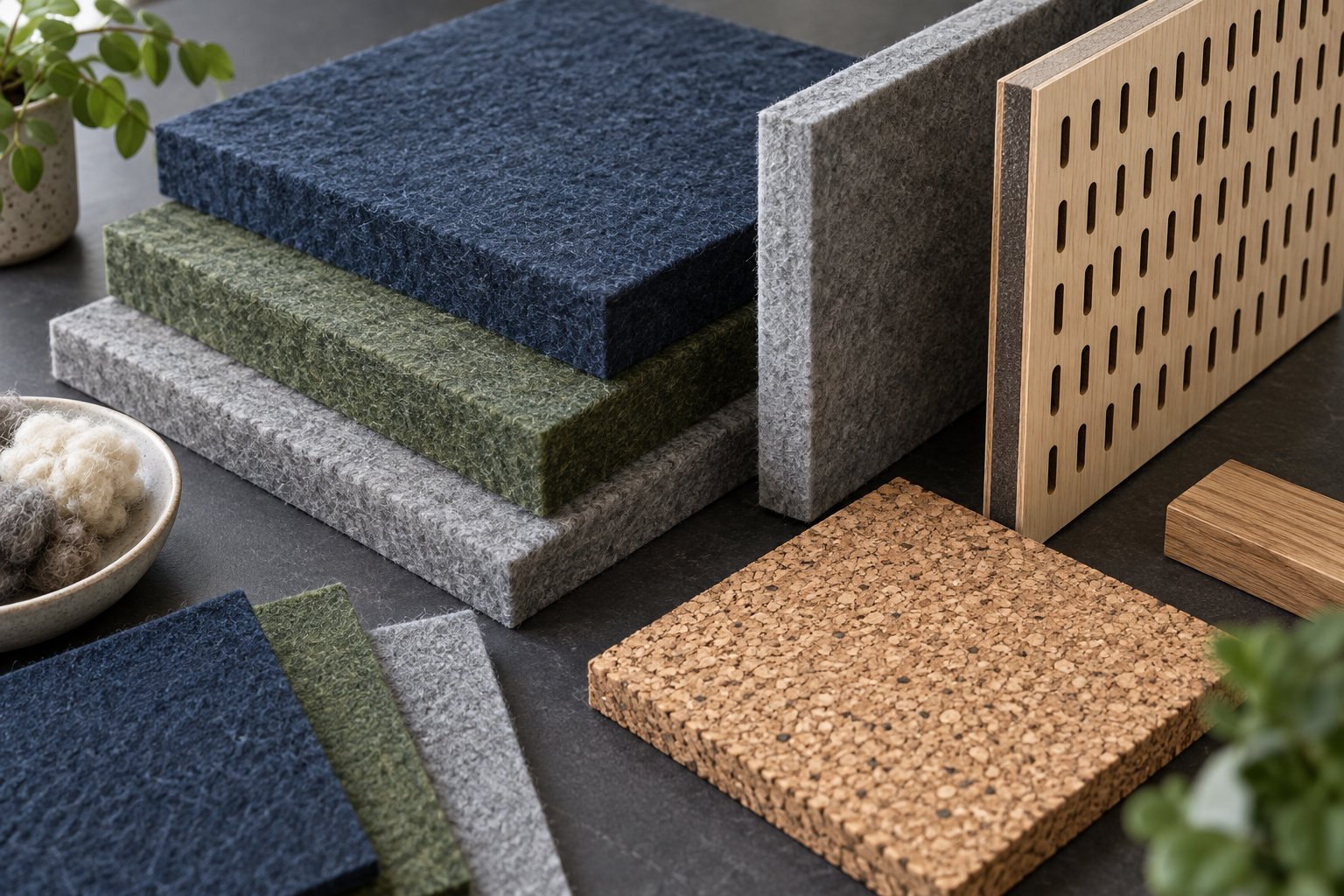 Materialmuster aus dunkelblauem und grünem Filz, Kork und perforiertem Holz.