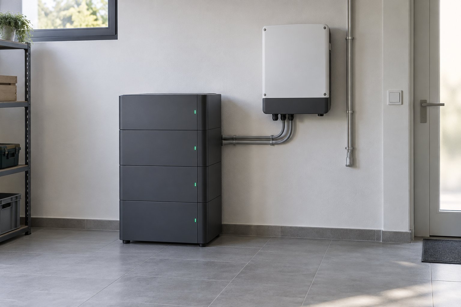 Geschlossenes Batteriespeichersystem in einem aufgeräumten Hauswirtschaftsraum.