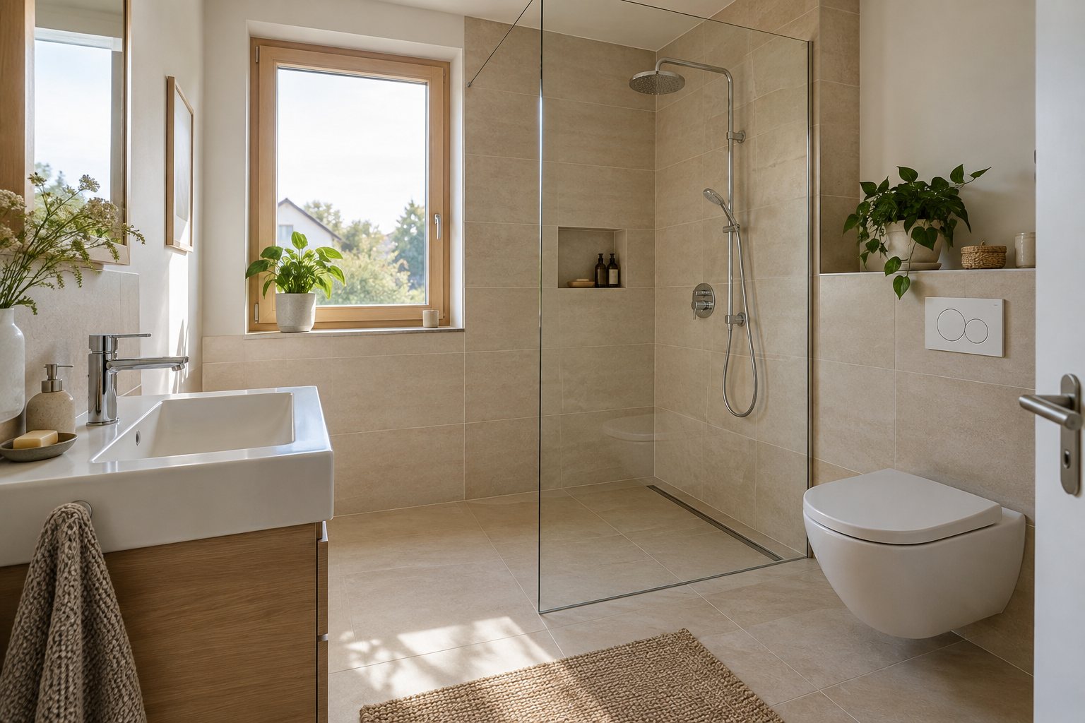 KI-Illustration: Helles Badezimmer mit bodennaher Dusche und Waschtisch.