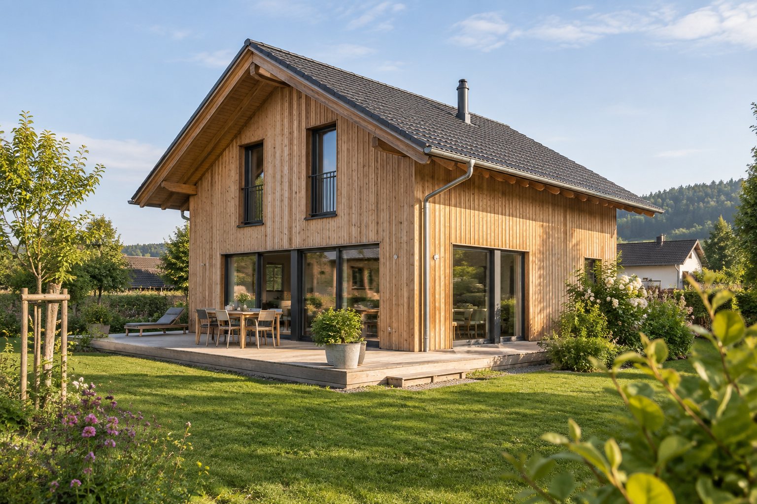 KI-Illustration: Modernes Wohnhaus mit Holzfassade.