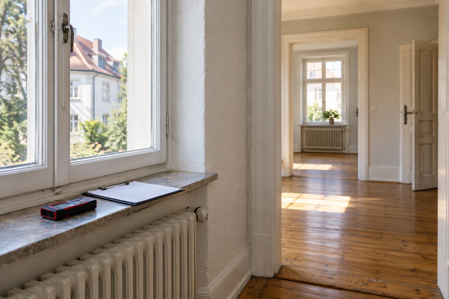 KI-Illustration: Klemmbrett und Messgerät auf einer Fensterbank in einem älteren Wohnhaus.