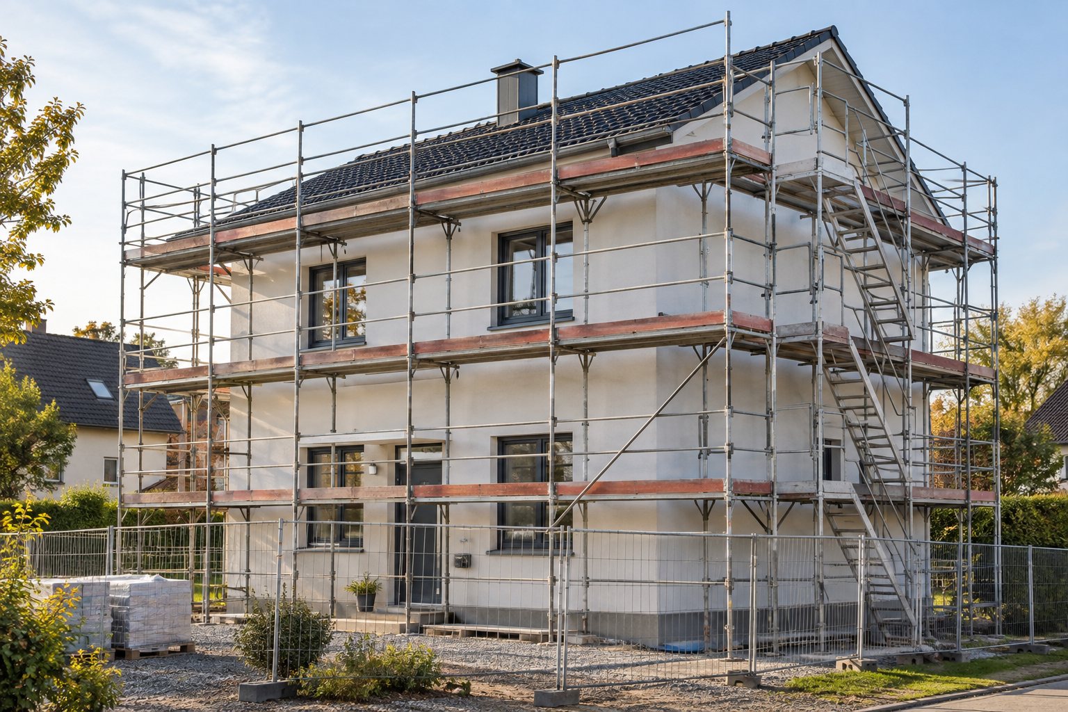 KI-Illustration: Eingerüstetes Wohnhaus ohne Personen auf dem Gerüst.