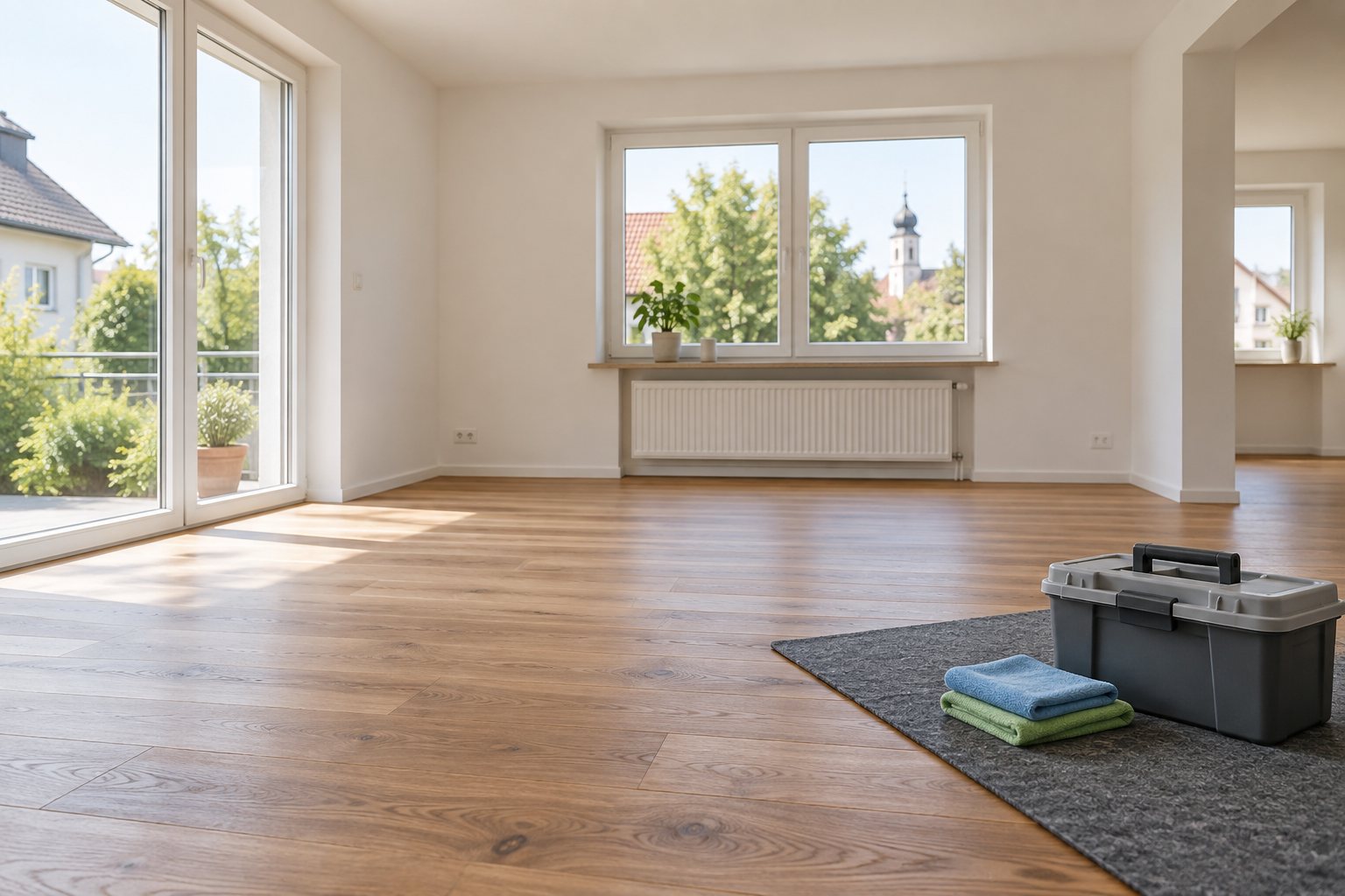 KI-Illustration: Gereinigter leerer Wohnraum mit Tüchern und einer Materialbox.