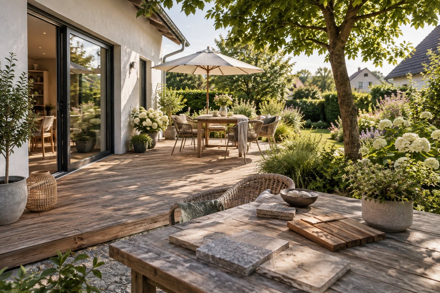 KI-Illustration: Terrasse am Haus mit Sitzplatz und verschiedenen Belagsmustern.