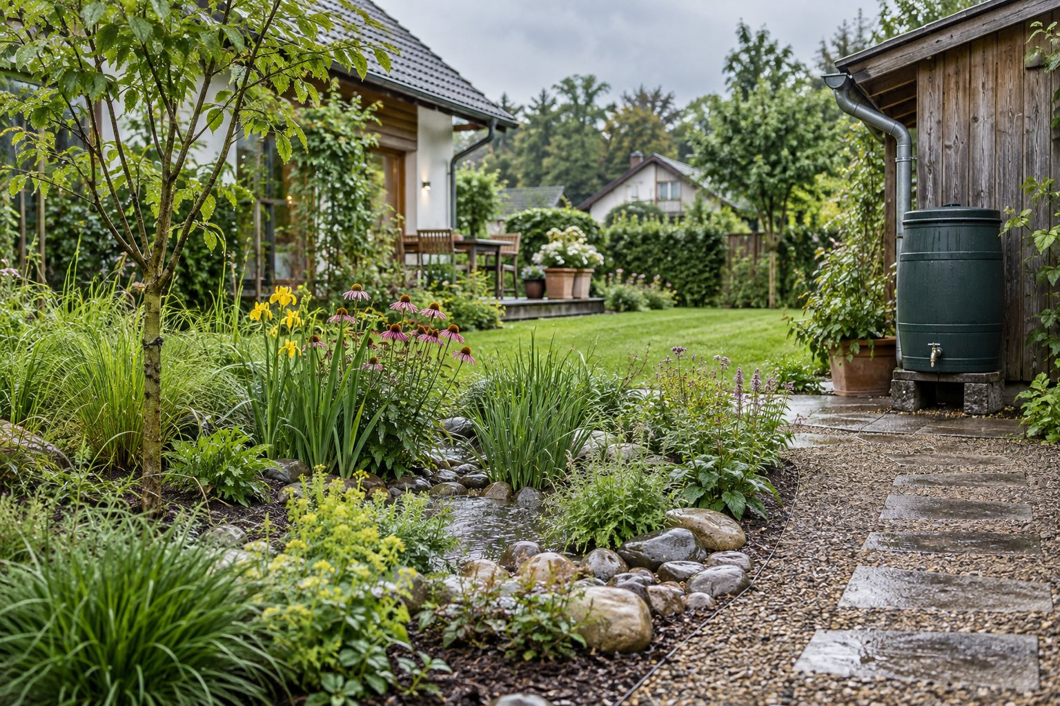 KI-Illustration: Bepflanzter Garten mit Kiesweg und Regenwassertonne.