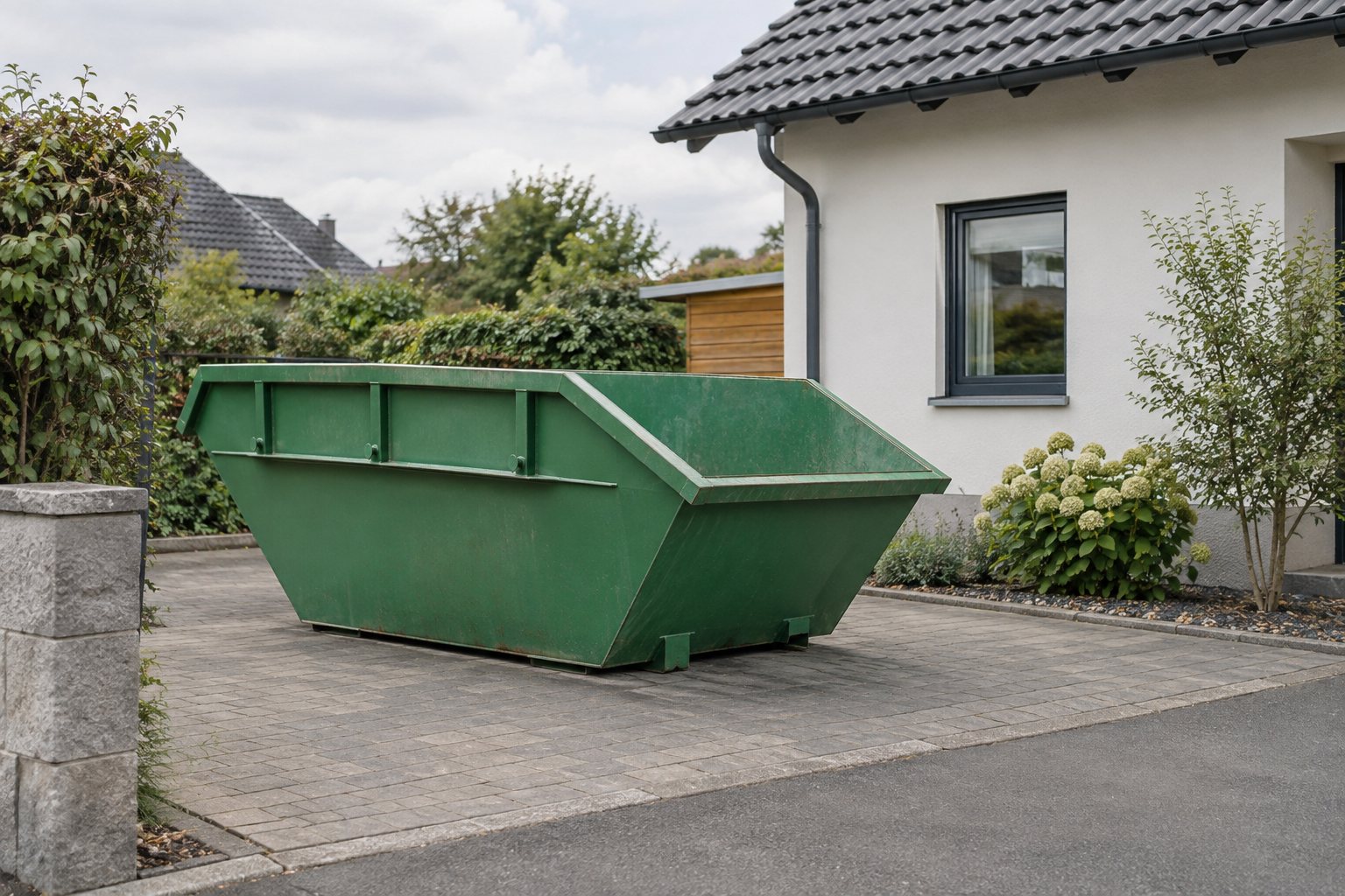 KI-Illustration: Leerer Absetzcontainer in einer Hauseinfahrt.