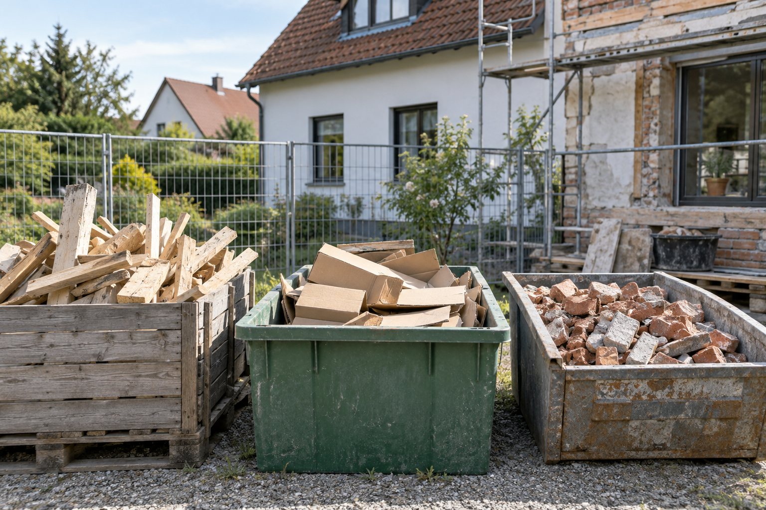 KI-Illustration: Getrennte Behälter mit Holz, Karton und mineralischem Bauschutt.