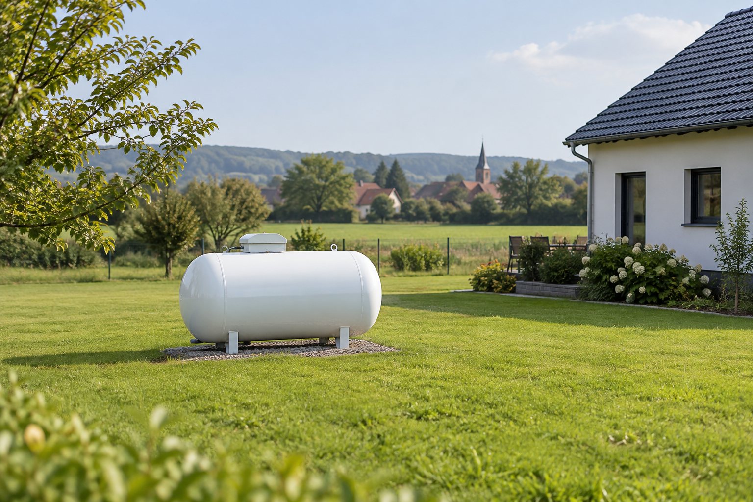 KI-Illustration: Weißer Flüssiggastank auf einer Grünfläche neben einem Wohnhaus.