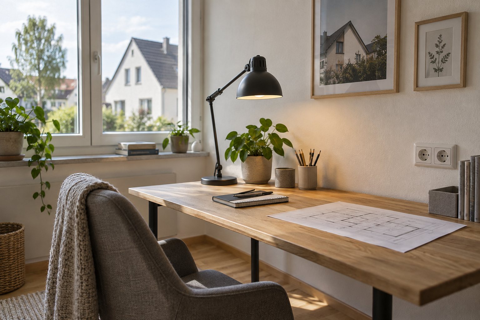 KI-Illustration: Heller Arbeitsbereich mit Schreibtisch und Steckdosen in der Wand.