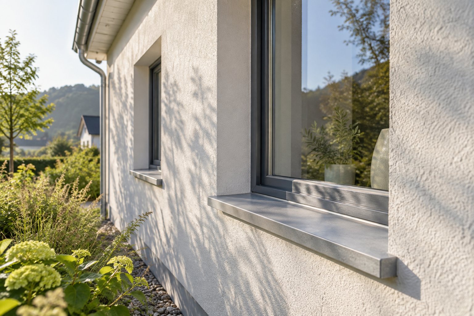 KI-Illustration: Helle Hausfassade mit Fenster und sorgfältig ausgeführter Fensterlaibung.