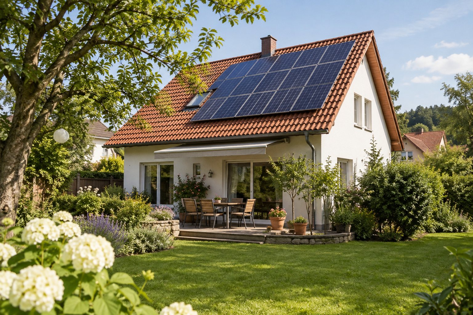 KI-Illustration: Wohnhaus mit geneigtem Ziegeldach und Solarmodulen.