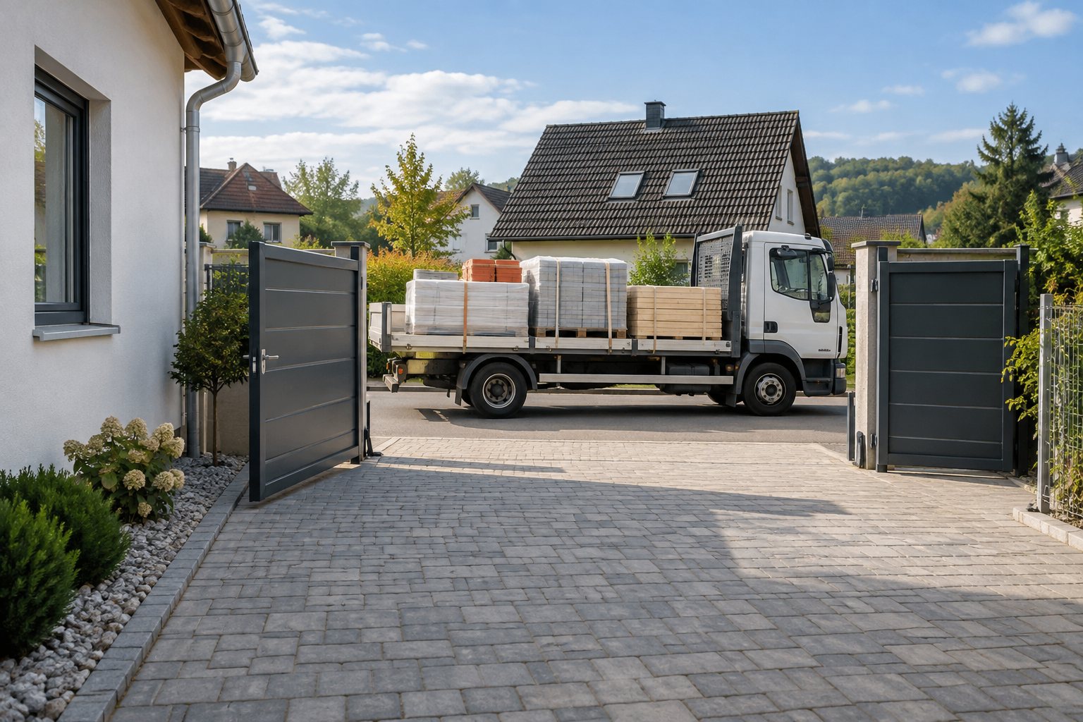 KI-Illustration: Lieferfahrzeug mit Baumaterial an einer frei zugänglichen Hauseinfahrt.