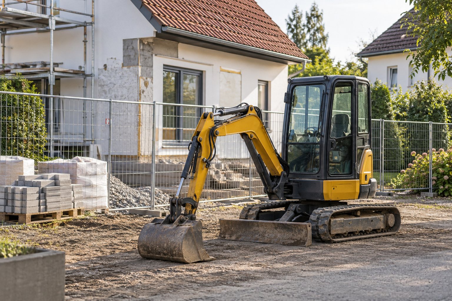 KI-Illustration: Kompakter Minibagger mit abgesenkter Schaufel vor einem Wohnhaus.