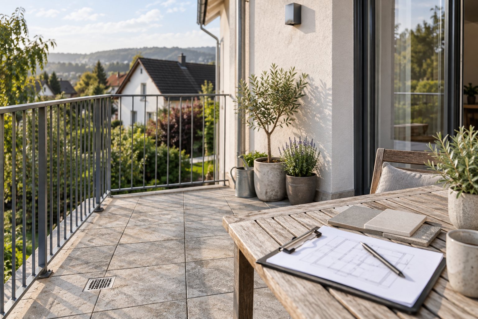 KI-Illustration: Balkon mit Metallgeländer, hellem Steinbelag und Materialmustern.