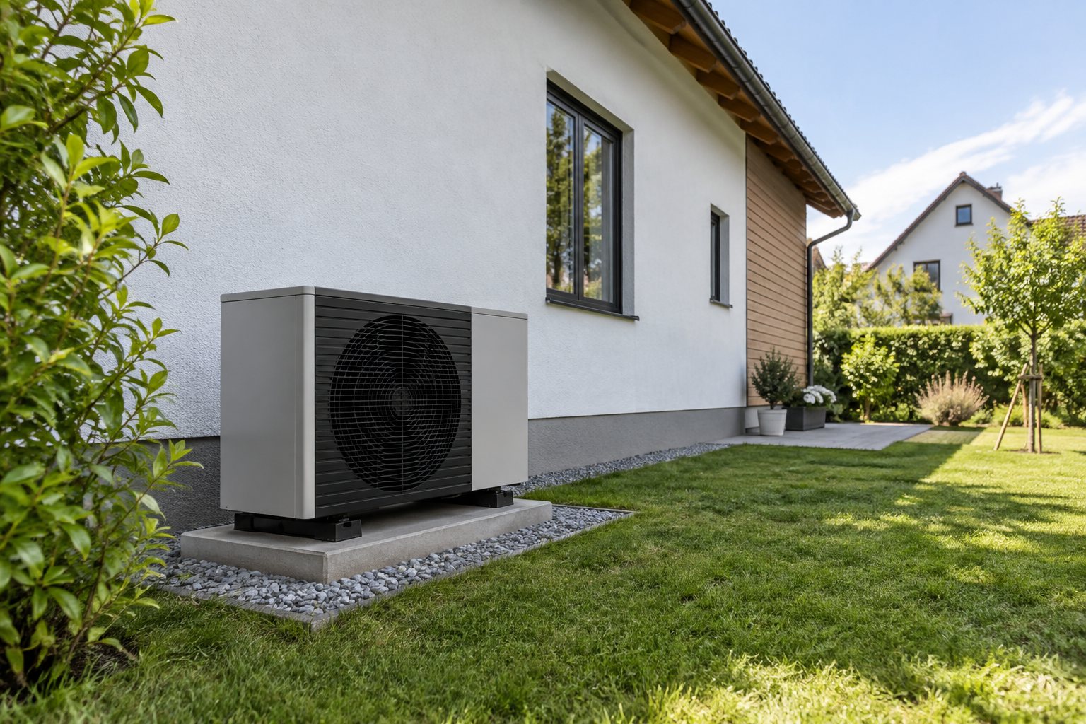 KI-Illustration: Außengerät einer Wärmepumpe neben einem Wohnhaus.