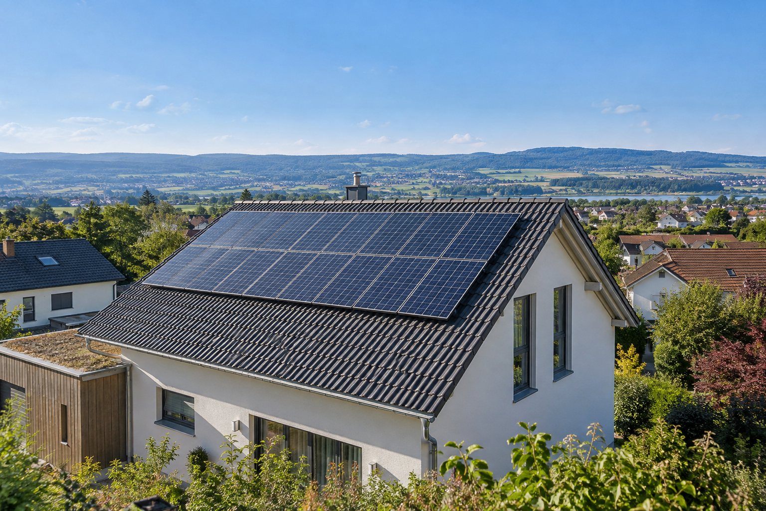 KI-Illustration: Solarmodule auf dem Dach eines Wohnhauses.