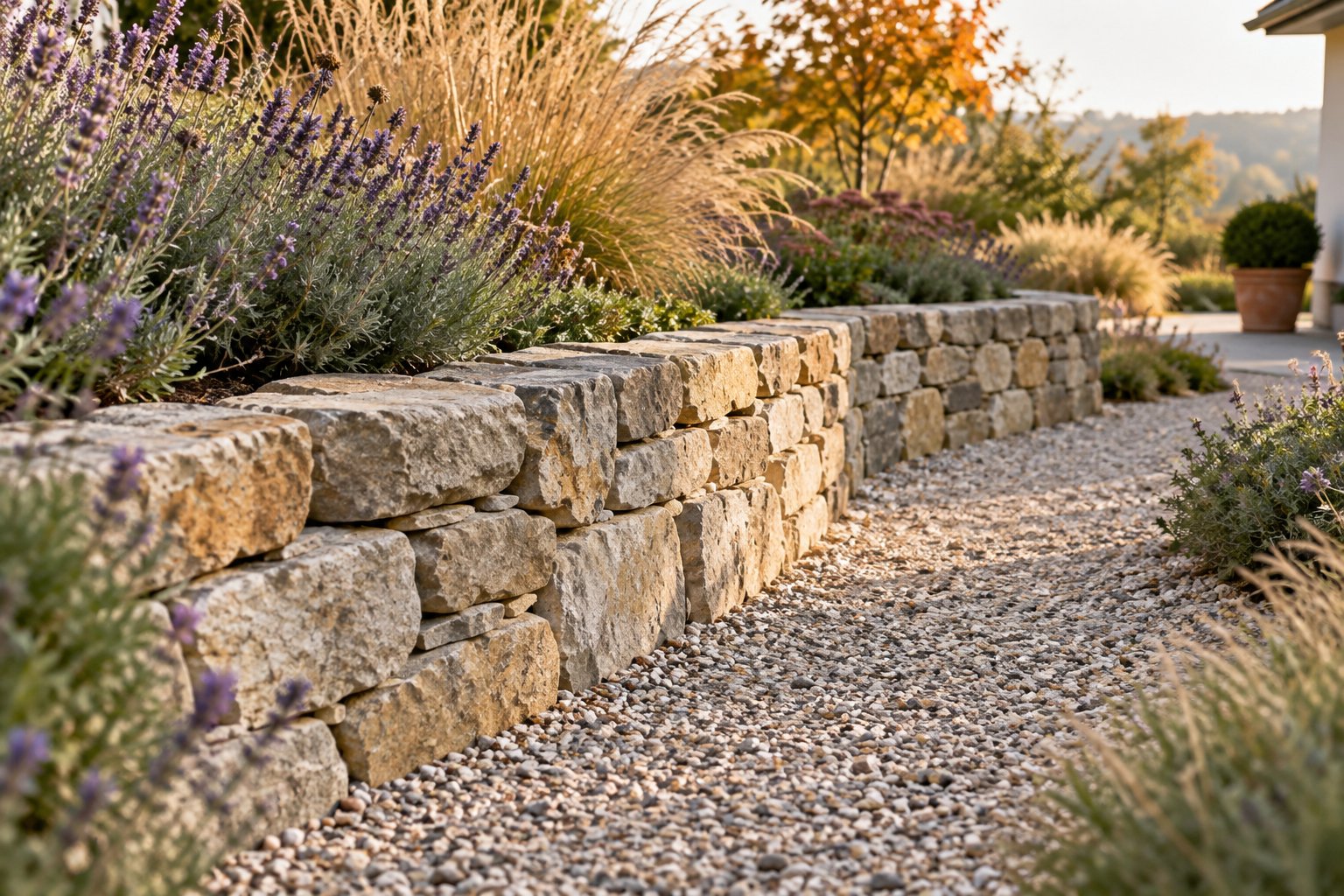 Niedrige Natursteinmauer aus unterschiedlich großen Steinen an einem Gartenweg.