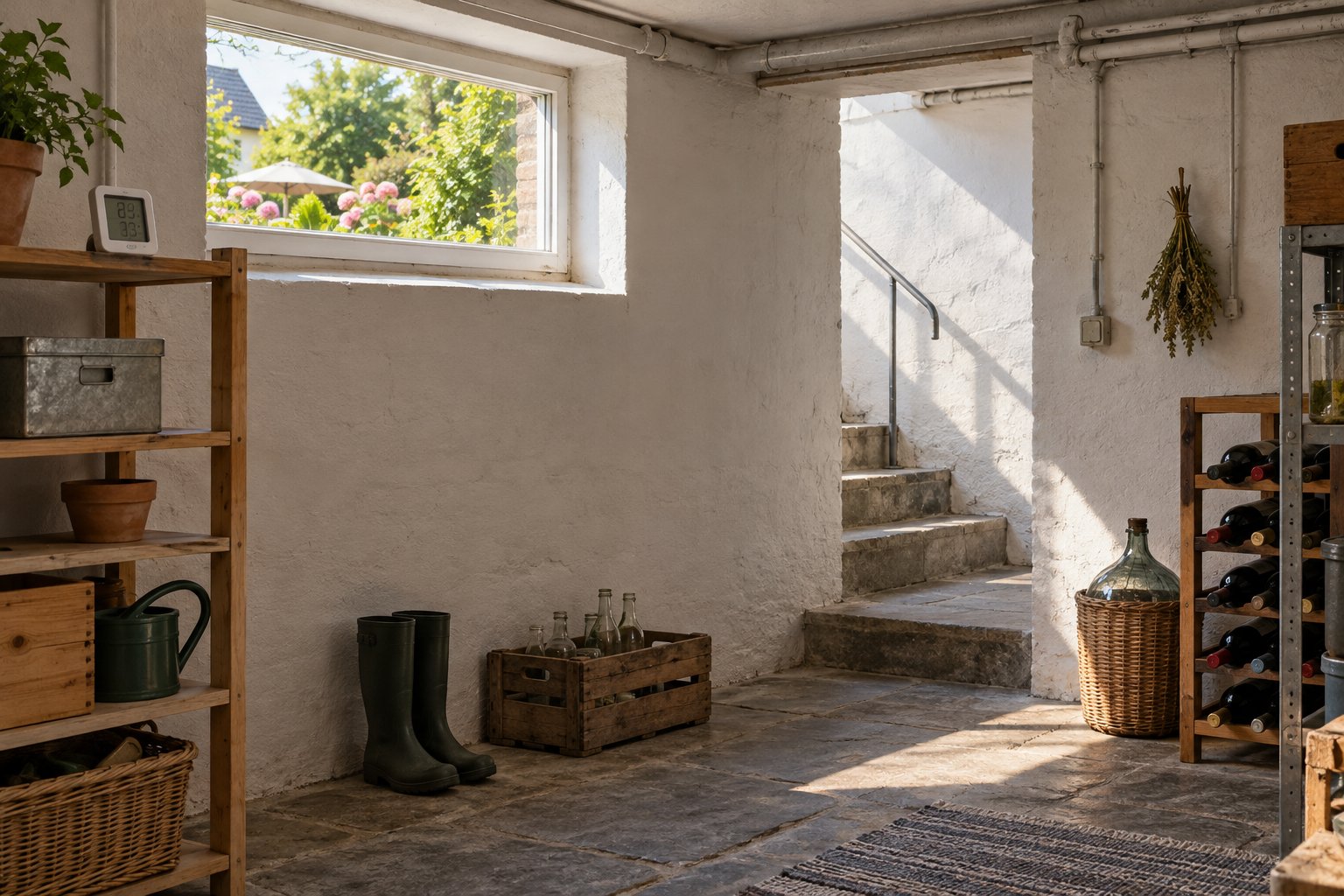 Kühler schlichter Keller mit kleinem Fenster und geordneten Lagerflächen.