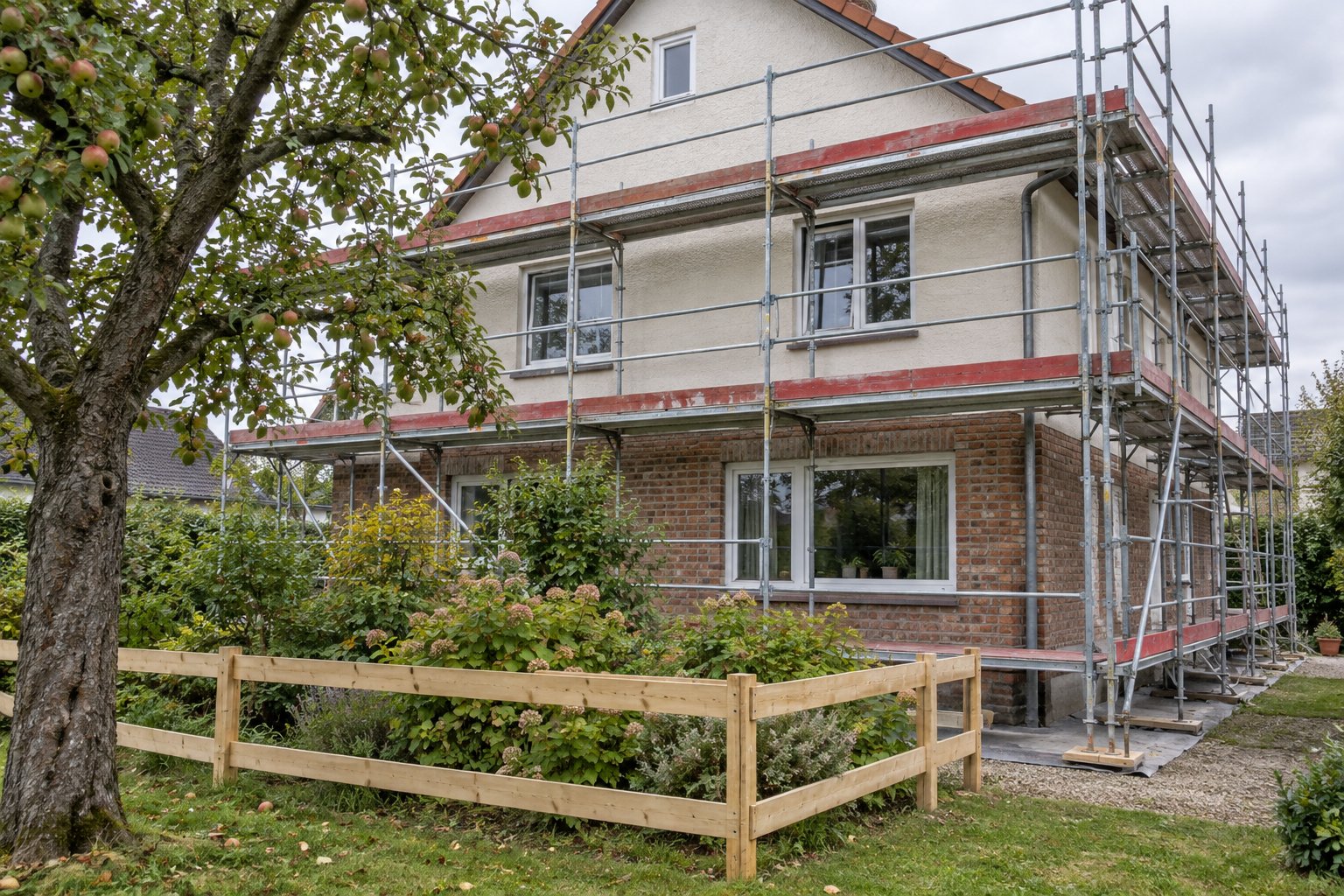 Fassadengerüst an einem Haus neben einem alten Gartenbaum und geschützten Beeten.