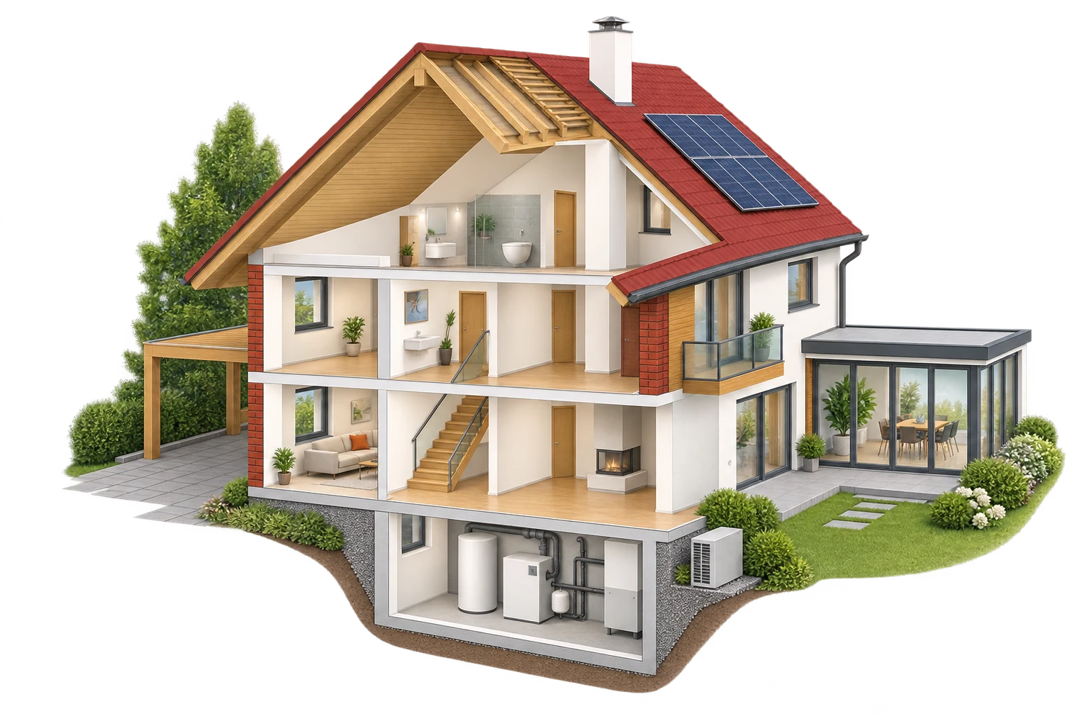 Modernes Haus im Schnitt: Dach mit Solaranlage, Bad, Wohnräume mit Treppe und Kamin, Haustechnik im Keller, Carport, Wintergarten und Garten.